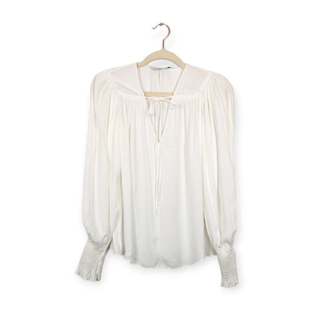 Rebecca Taylor Blouse XS White Sateen Tie Neck Airy Feminine Romantic